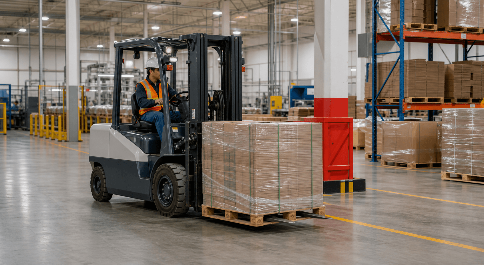 Forklift moving palletized materials in a clean warehouse