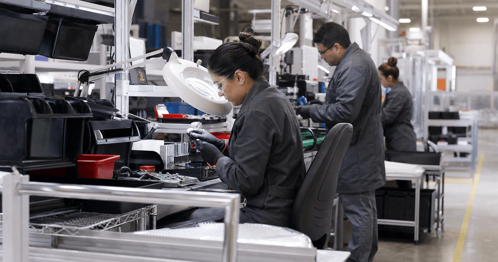 Manufacturing personnel performing quality inspection and rework support